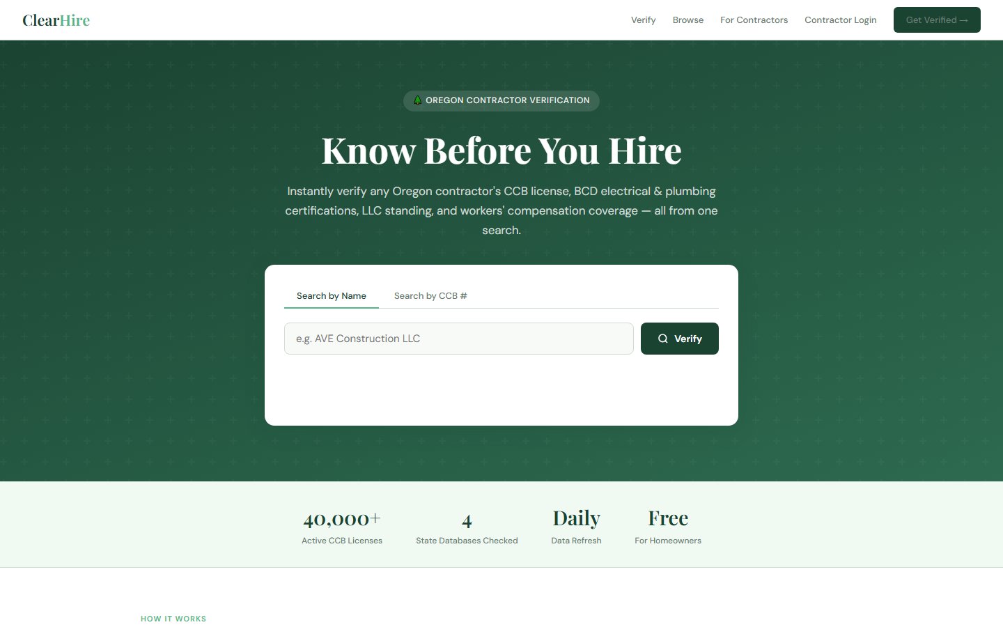 ClearHire home page with the contractor verification search
