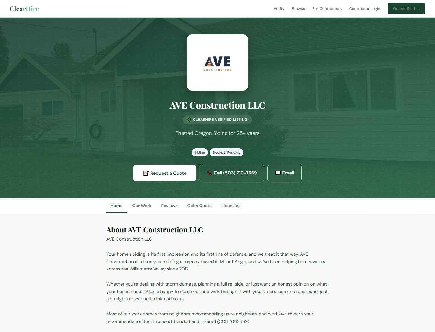 A contractor's ClearHire page with quote, call and email buttons